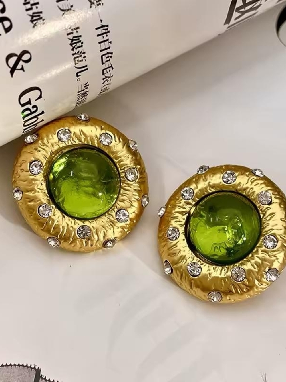 Gold-Tone Earrings with Green Glass Center and Crystal Accents - Picture 3 of 5
